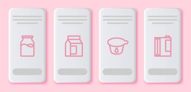 Sütlü bir şişe, yoğurt kabı ve kefir için bir paket kağıt. Beyaz dikdörtgen düğme. Vektör