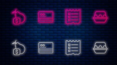 Kredi kartı, alışveriş listesi, armut ve tavuk yumurtası için fiyat etiketi. Tuğla duvarda parlayan neon simgesi. Vektör