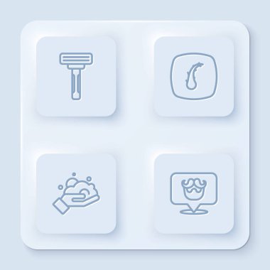 Tıraş bıçağı, saç kökü, köpük ve berber dükkanı. Beyaz kare düğme. Vektör