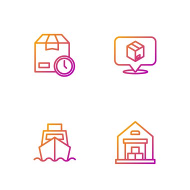 Depo hattı, kargo gemisi, kutu teslimatı, karton saat ve konum kartonu. Renk simgeleri. Vektör