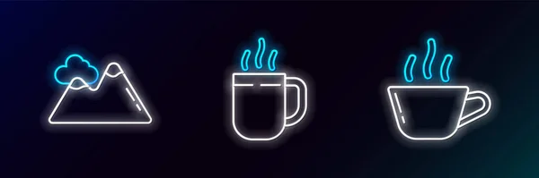 Установить Линии Кофейная Чашка Горы Значок Светящийся Неон Вектор — стоковый вектор