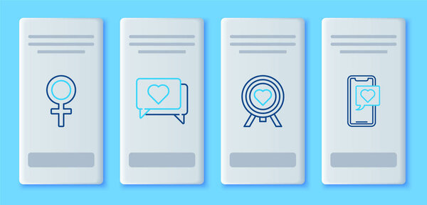 Установите линию Like и сердце, сердце в центре мишени для дартса, женский гендерный символ и значок пузыря речи. Вектор