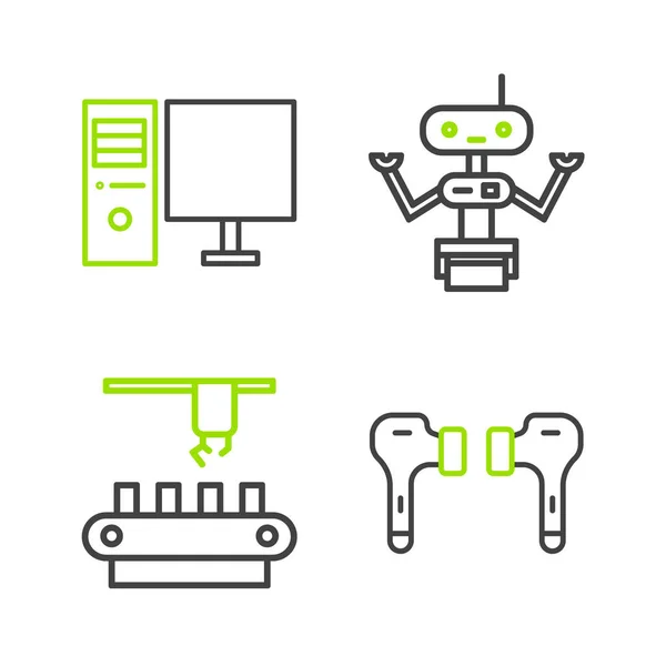 stock vector Set line Air headphones, Factory conveyor system belt, Robot and Computer monitor icon. Vector