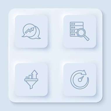 Finansal büyüme, Server, Satış hunisi ve grafik ve dijital hız ölçer ayarlayın. Beyaz kare düğme. Vektör