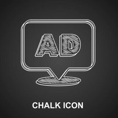 Tebeşir Reklam simgesi siyah arkaplanda izole edildi. Pazarlama ve tanıtım süreci kavramı. İlgili reklamlar. Sosyal medya reklamcılığı. Vektör.