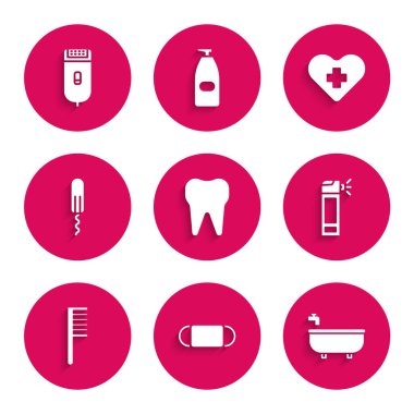 Diş, tıbbi koruyucu maske, küvet, hortumlu şişe, saç fırçası, hijyenik tampon, kalp haçı ve elektrikli saç kesme makinesi veya tıraş makinesi ikonu. Vektör