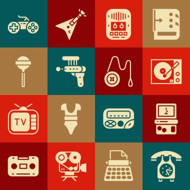 Telefon ahizesi, Tetris, vinil çalar, kaset, Ray gun, lolipop, Gamepad ve Yoyo oyuncak ikonu. Vektör