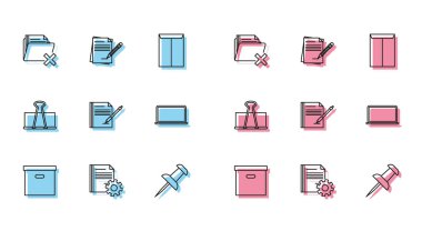 Çizgi Karton karton kutucuğu, vitesli belge ayarları, klasörü sil, pimi it, boş defter ve kalem, dizüstü bilgisayar, cilt klipsi ve silgi simgesini ayarla. Vektör