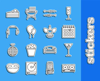 DJ kumandasını müzik çalmak ve karıştırmak için ayarla, Martini bardağı, Detaylı takvim, ızgara şiş kebap, kurdeleli balonlar, kulaklıklar, pasta ve palyaço kafası ikonu. Vektör