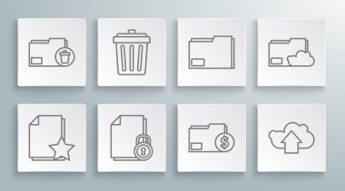 Satır Belgesini yıldız, Çöp kutusu ve kilit, Finans belgesi dizini, Bulut gönderimi, depolama metni ve simgeyi sil ile ayarla. Vektör