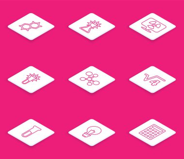 Chemical Formülü, Test tüpü ve matarası, Radyoaktif mekan, Molekül, Kare kök 4 glifleri, ve kavram fikri ikonu olan ampul. Vektör