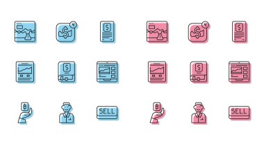 Line Hand holding Bitcoin, Trader, Failure stock market, Satış düğmesi, Finansal kitap, Ticaret kursları, büyüme grafiği ve mobil ticaret ikonu olan web sitesi. Vektör