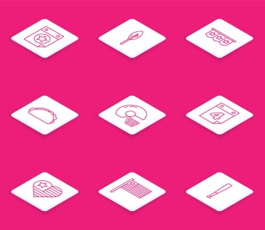 4 Temmuz tarihli takvim, Hint tüyü, Karnaval çelengi bayrakları, Taco tortilla, Amerikan futbol kaskı, Amerika 'nın Bağımsızlık Günü ve ikonu. Vektör