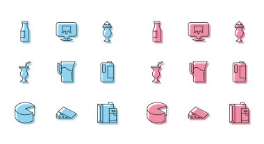 Çizgili peynir, sütlü şişe, plastik şişede süt sürahisi sürahisi, Milkshake ve Udder ikonu. Vektör