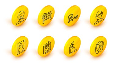 Set line Hearing aid, Grandmother, Press SOS button, X-ray shots, Poor eyesight, Disabled car, Stretcher and Head of deaf dumb icon. Vector