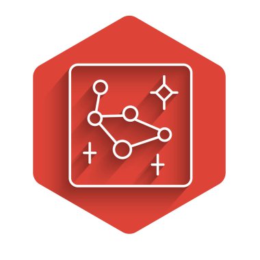 Beyaz çizgi Büyük Ayı takımyıldızı ikonu uzun gölgeli izole edilmiş. Kırmızı altıgen düğmesi. Vektör.