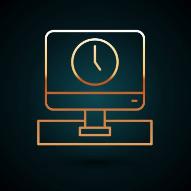 Altın çizgi bilgisayar monitörü zaman simgesi koyu mavi arkaplanda izole edildi. Elektronik cihaz. Ön manzara. Vektör.
