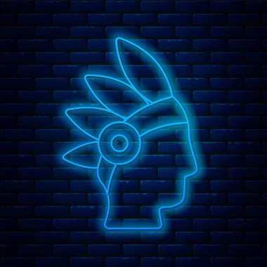 Parlayan neon hattı Amerikan yerlisi ikonu tuğla duvar arkasında izole edilmiş. Vektör