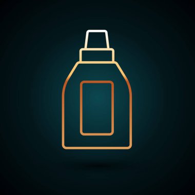 Altın çizgili plastik şişe çamaşır deterjanı, çamaşır suyu, bulaşık deterjanı ya da koyu mavi arka planda izole edilmiş başka bir temizlik maddesi. Vektör