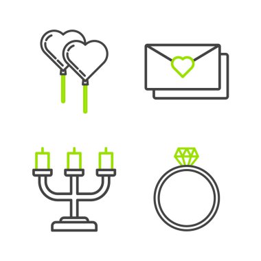 Elmas nişan yüzüğü, şamdan, Valentine 'ın kalbiyle zarf ve kurdele şeklinde balonlar. Vektör