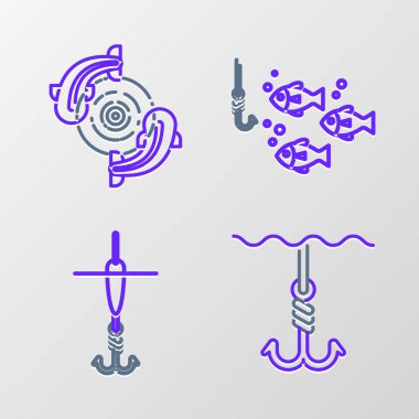 Balık oltasını suyun altına yerleştir ve balık ve ikon ile yüzdür. Vektör