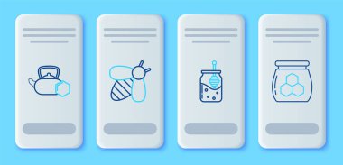 Bee, bal kavanozu ve ballı çubuk, çaydanlık ve ikon. Vektör