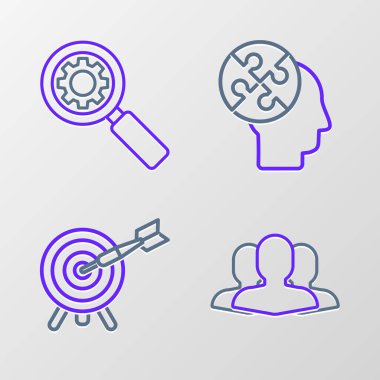 Sıra Kullanıcı Grubu, Oklu Hedef, İnsan kafası bulmaca stratejisi ve büyüteç ve vites simgesi. Vektör