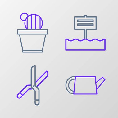 Hat sulama kutusu, bahçe yapımı el yapımı makas, boş tahta tabela tahtası ve kaktüs sulu saksı ikonu. Vektör