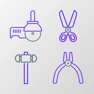 Çizgi pense, Balyoz, Makas ve Açı Öğütücü simgesini ayarla. Vektör