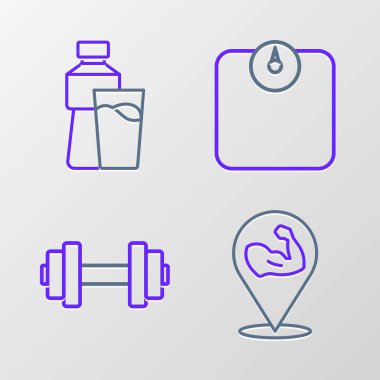 Vücut geliştirici kas, Dumbbell, banyo terazileri ve cam ikonlu bir şişe su. Vektör