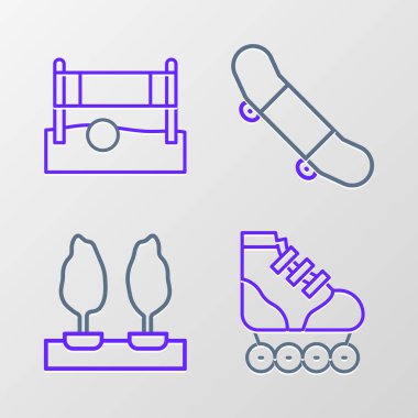 Çizgili paten, orman, kaykay numarası ve top ikonlu voleybol ağı. Vektör