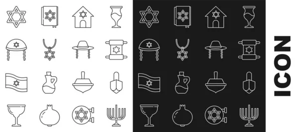 Définir Ligne Hanoukka Menorah Dreidel Rouleau Torah Synagogue Juive Étoile — Image vectorielle