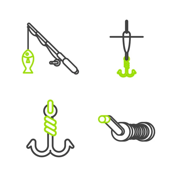 stock vector Set line Spinning reel for fishing, Fishing hook, and float and rod icon. Vector