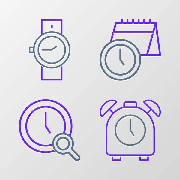 Set Line Alarm Clock Magnifying Glass Calendar Wrist Watch Icon — Stock Vector
