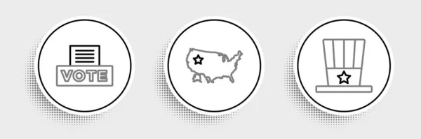 Establecer Línea Patriótica Americana Sombrero Copa Caja Votación Icono Mapa — Vector de stock