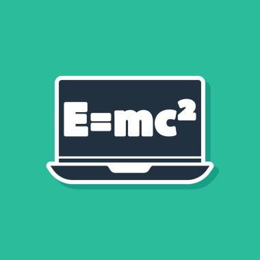 Laptop simgesindeki denklem çözeltisi mavi matematik sistemi yeşil arkaplanda izole edildi. E eşittir bilgisayar ekranında mc kare denklemi. Vektör.