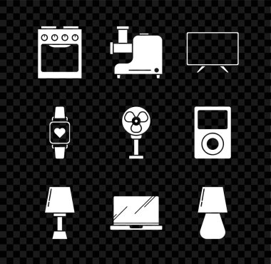 Oven Kitchen et öğütücü Smart Tv masa lambası dizüstü saati kalp atış hızını ve elektrik fan simgesini gösteriyor. Vektör.