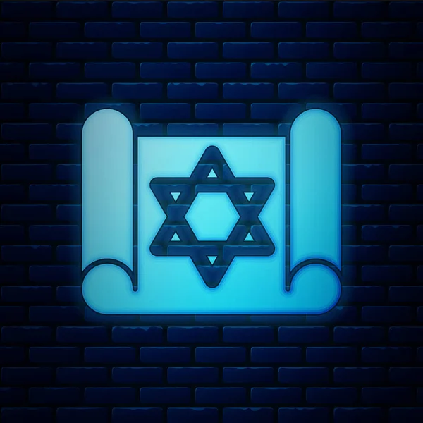 Lumineux Néon Torah Icône Rouleau Isolé Sur Fond Mur Briques — Image vectorielle