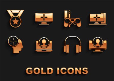Hesap ekranı, bilgisayar monitörü, kulaklıklar, avlanma konsepti, joystick, madalya ve simgeyle oyun konsolu oluştur. Vektör