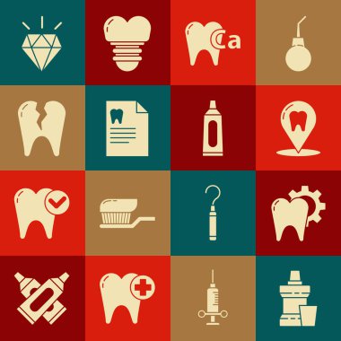 Ağız gargarası plastik şişesi, diş tedavisi prosedürü, diş kliniği konumu, diş için kalsiyum, dişçi kartlı pano, kırık elmas dişler ve diş macunu ikonu tüpü. Vektör