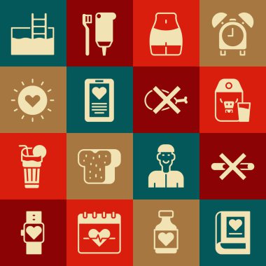 Tıp kitabını hazırla, sigara içme, süt için kağıt paketi, kadın beli, pano, güneş, merdiven ve et ikonu ile yüzme havuzu. Vektör