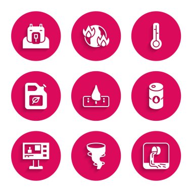 Ormanların tahrip edilmesi, Tornado, Atık Su, Fıçı yağı, Televizyon raporu, Biyolojik yakıt tüpü, Meteoroloji termometresi ve Kutup Ayısı baş ikonu. Vektör