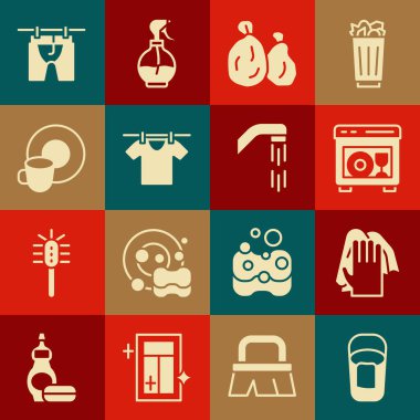 Kovayı paçavra, temizlik servisi, bulaşık makinesi, çöp torbası, kuru giysiler, bulaşık yıkama ve duş başlığı ikonu ile hazırla. Vektör