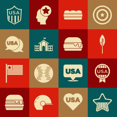 Amerika 'nın Bağımsızlık Günü' nü ayarlayın. Yıldız, Hint tüyü, sandviç, Amerikan Kongre Kongresi, Kalkan yıldızları ve Burger ikonu ile madalya. Vektör