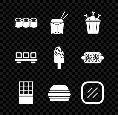 Suşi, Asya eriştesi ve çubukları paket kutusunda tavuk budu, çikolatalı çikolata, Burger, biftek ve dondurma ikonu. Vektör