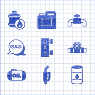 Benzin istasyonunu, benzin pompasını, fıçı yağını, metal boruları ve vanayı, petrol deposunu, konum benzinini ve propan ikonunu ayarlayın. Vektör