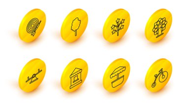 Büyük tekerli klasik bisiklet ve küçük bir atlıkarınca, bilet gişesi, tahterevalli, dönme dolap, havai fişek, pamuk şeker ve klasik dart tahtası ikonu. Vektör