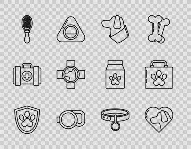 Hayvan sağlığı sigortası, köpekli kalp, geri çekilebilir ip tasması, kediler için saç fırçası, veteriner kliniği sembolü, yaka etiketi ve ilk yardım çantası ikonu. Vektör