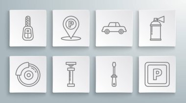 Otomobil fren diskini kalibre konum konumu park tornavida park boyası boya kutusu ve uzaktan kumanda simgesi ile ayarla. Vektör.