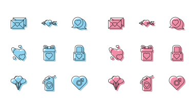 Balonları kalp, kalp etiketi, sevgililer günü zarfı, erkek cinsiyeti, hediye kutusu, kilit ve Amour ok simgesi şeklinde dizin. Vektör